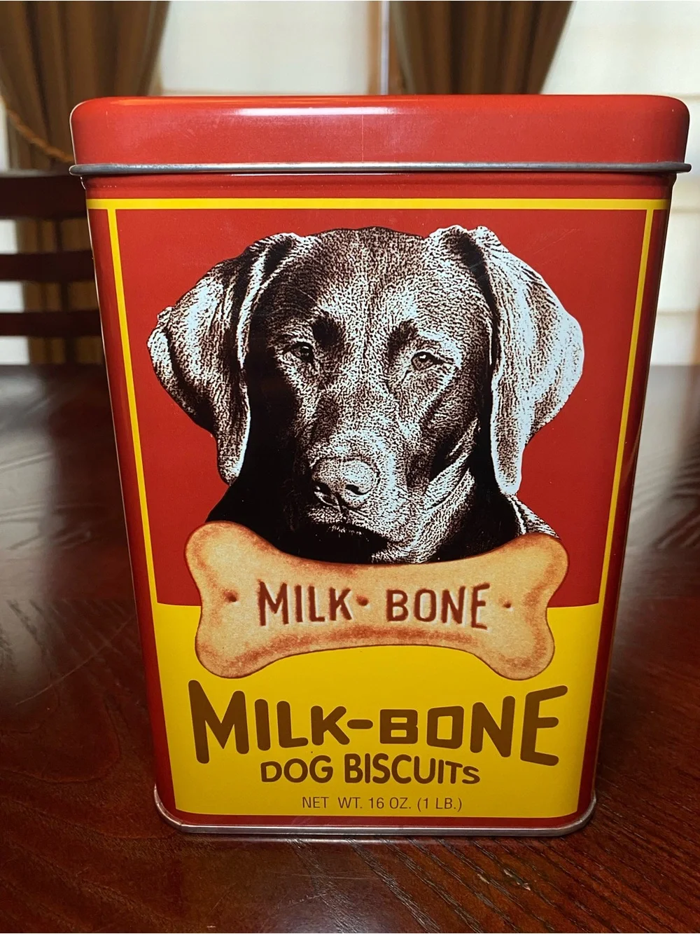 Vintage Red and Yellow Milk-Bone Dog Biscuits Tin Can 9x6x5